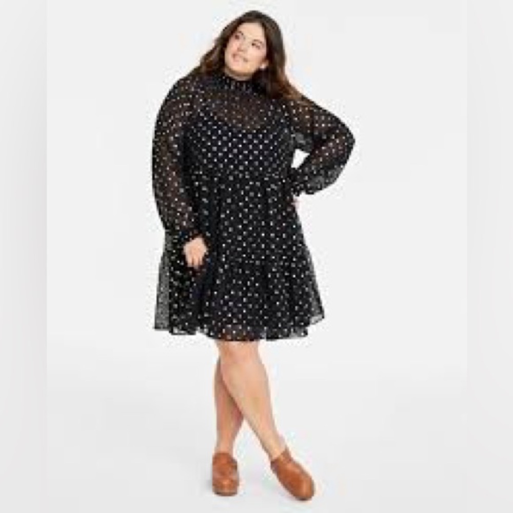 253M NWT On 34th Women's Metallic Clip Dot Tiered Trapeze Dress -‎ Size: 3X